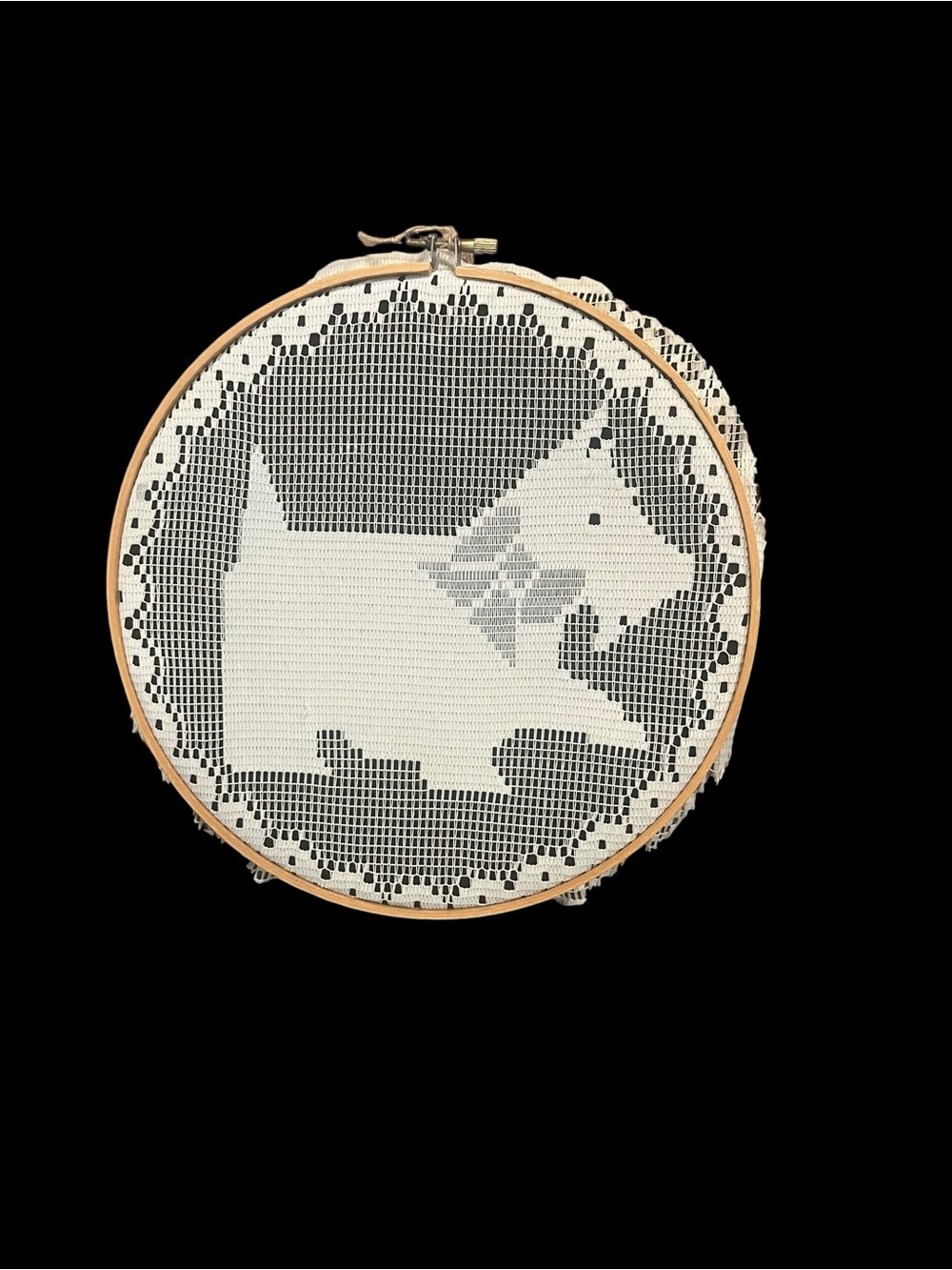 Vintage Crochet Scottish Terrier Dog Doily Embroidery Hoop Wall Hanging